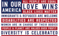 Sign from https://www.nwgsdpdx.org/signs-more The “In Our America” graphic is based on a design created by local Portland artist Jason Maxfield who wanted to create a patiotric message to affirm his belief that America is about welcoming people and providing opportunity for all.